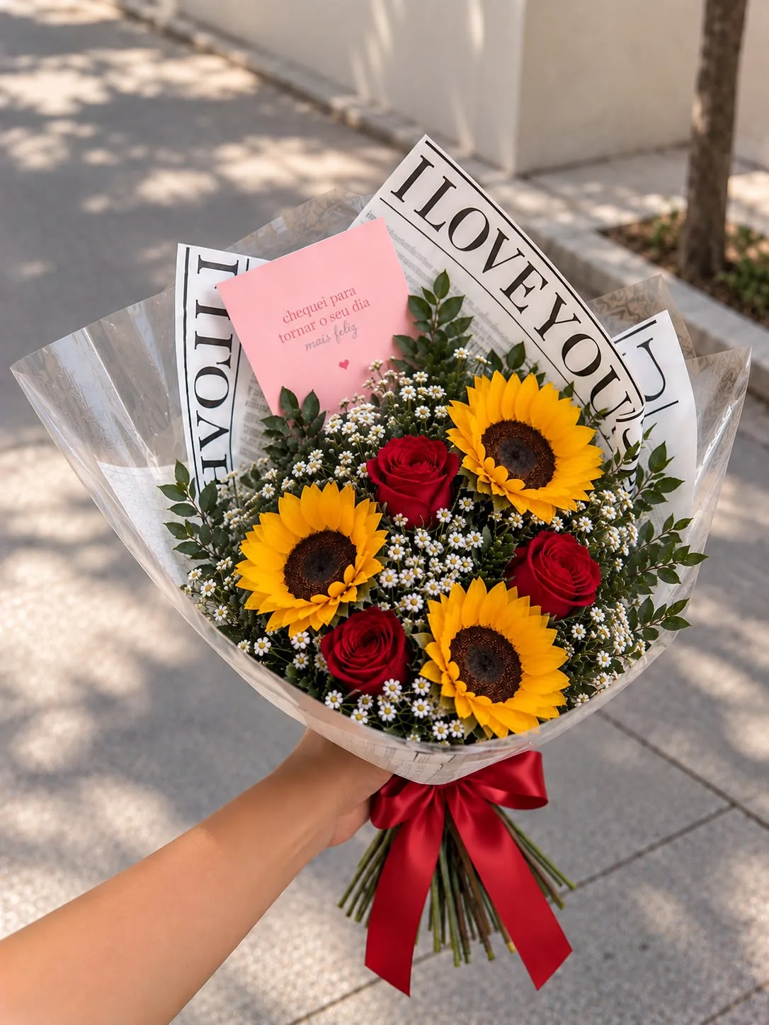 Baby de Rosas Vermelhas com Girassóis